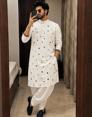 White cotton embroidery party wear kurta and dhoty 1