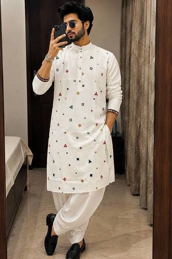 White cotton embroidery party wear kurta and dhoty