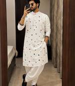 White cotton embroidery party wear kurta and dhoty