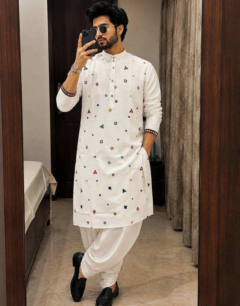 White cotton embroidery party wear kurta and dhoty