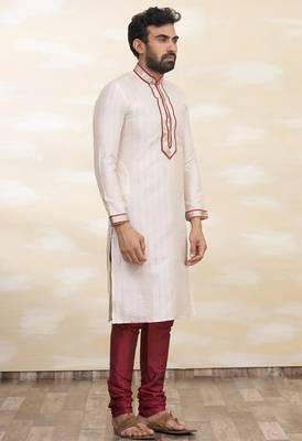 Cream art silk mens  kurta with churidar set 3