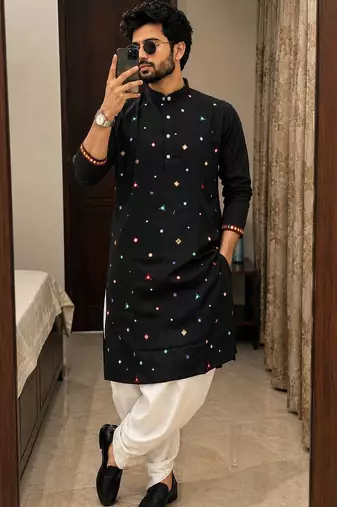 Black cotton embroidery party wear kurta and dhoty