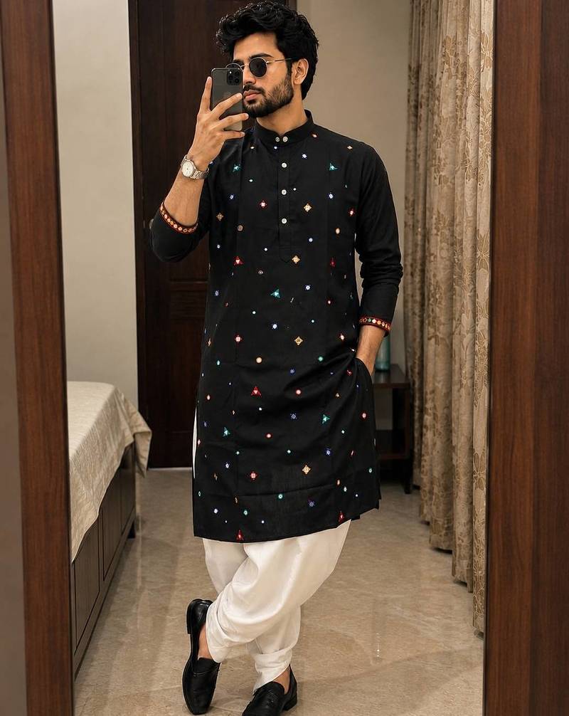 Black cotton embroidery party wear kurta and dhoty
