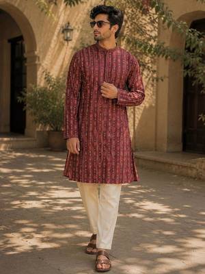 Maroon cotton embroidery party wear kurta and payjama 1