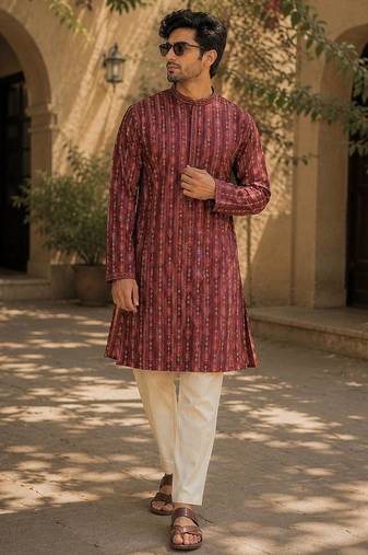 Maroon cotton embroidery party wear kurta and payjama