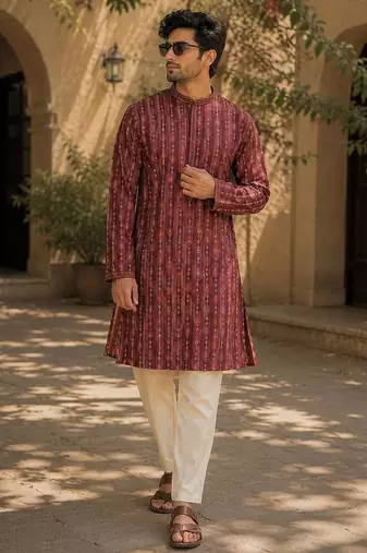 Maroon cotton embroidery party wear kurta and payjama