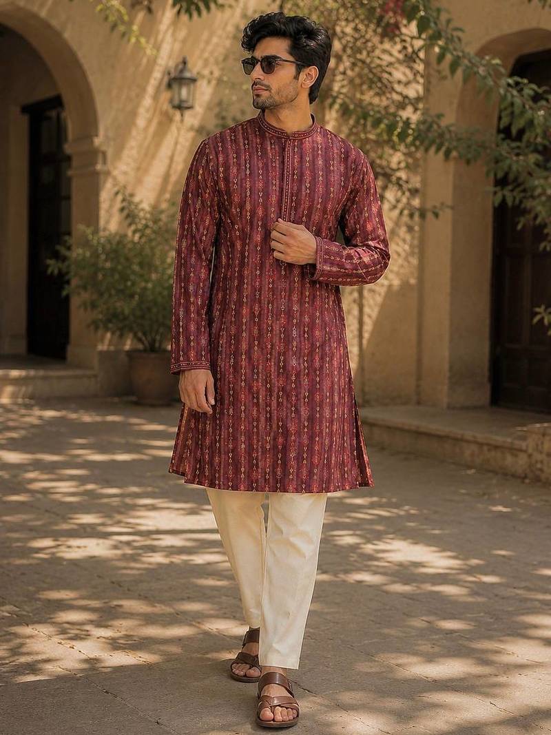 Maroon cotton embroidery party wear kurta and payjama