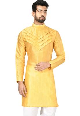 Yellow art silk mens  kurta with churidar set 1