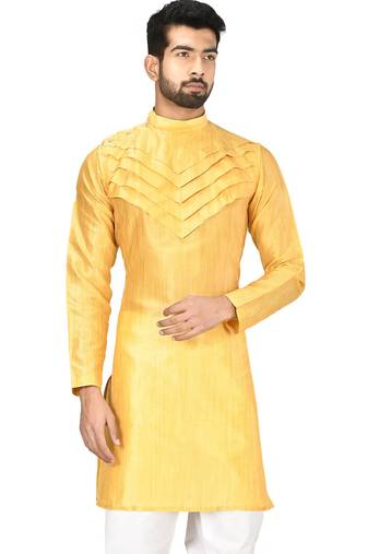 Yellow art silk mens  kurta with churidar set
