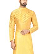 Yellow art silk mens  kurta with churidar set