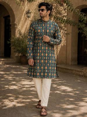 Green cotton embroidery party wear kurta and payjama 1