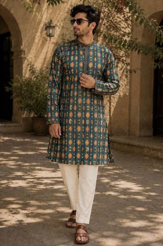 Green cotton embroidery party wear kurta and payjama