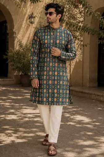 Green cotton embroidery party wear kurta and payjama