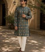 Green cotton embroidery party wear kurta and payjama