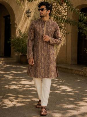 Brawn cotton embroidery party wear kurta and payjama 1