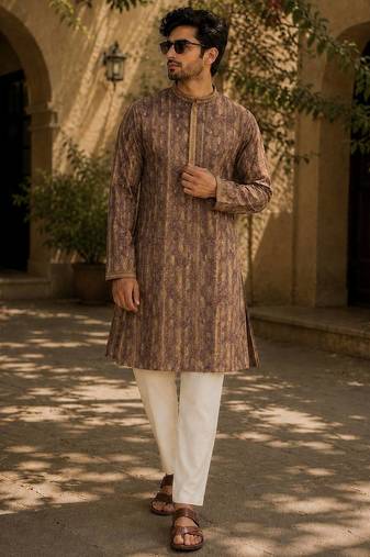 Brawn cotton embroidery party wear kurta and payjama