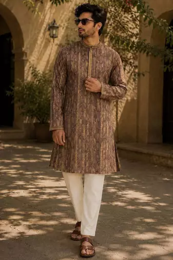Brawn cotton embroidery party wear kurta and payjama