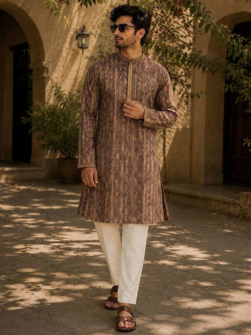 Brawn cotton embroidery party wear kurta and payjama