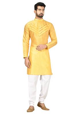 Yellow art silk mens  kurta with churidar set 3