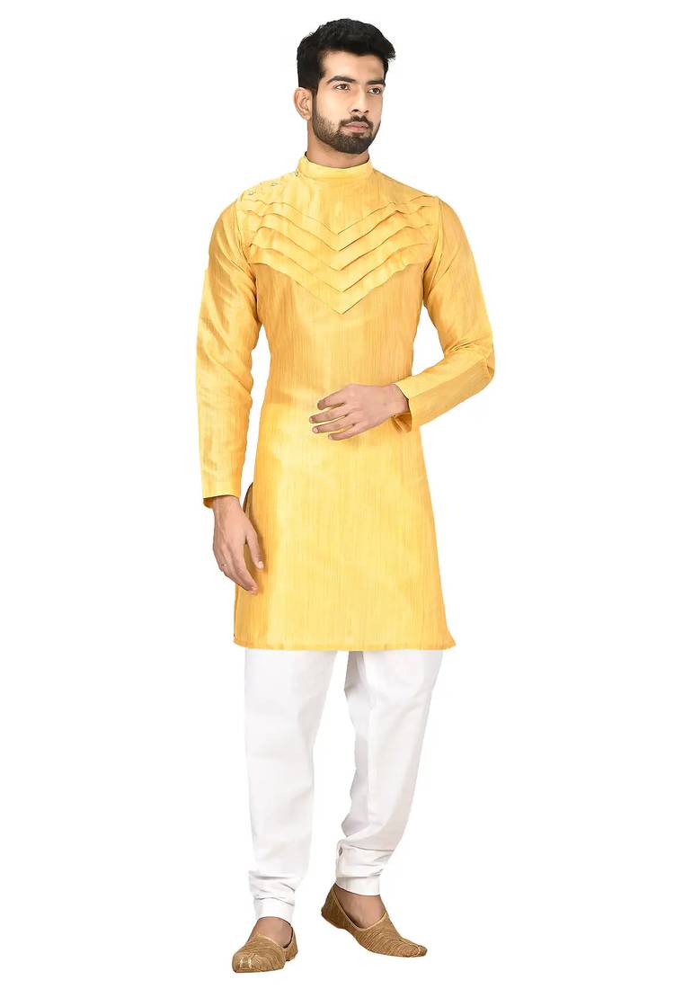 Yellow art silk mens  kurta with churidar set