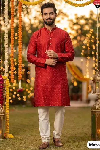 Red silk jecquard party wear kurta and payjama