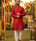 Red silk jecquard party wear kurta and payjama