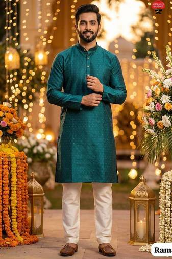 Green silk jecquard party wear kurta and payjama