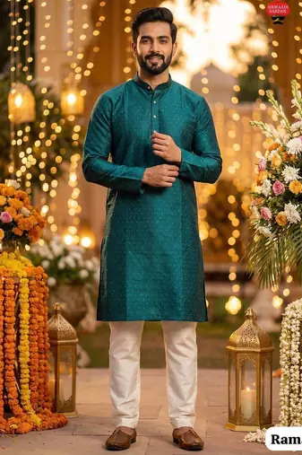 Green silk jecquard party wear kurta and payjama