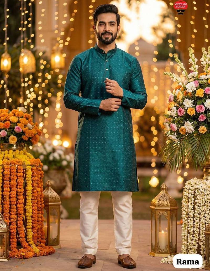 Green silk jecquard party wear kurta and payjama
