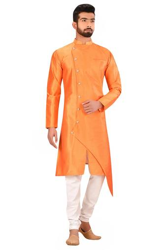 Orange  art silk mens  kurta with churidar set