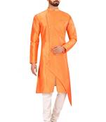 Orange  art silk mens  kurta with churidar set