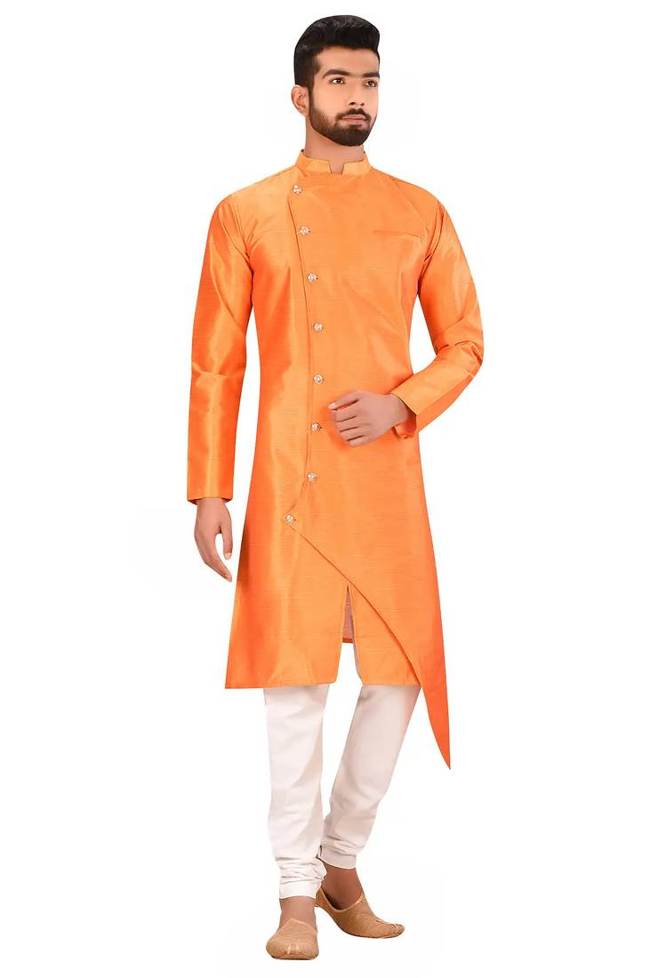 Orange  art silk mens  kurta with churidar set