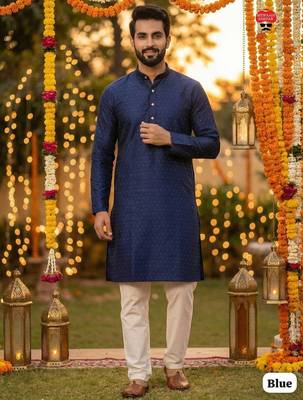 Blue silk jecquard party wear kurta and payjama 1