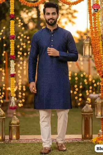 Blue silk jecquard party wear kurta and payjama