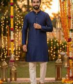 Blue silk jecquard party wear kurta and payjama