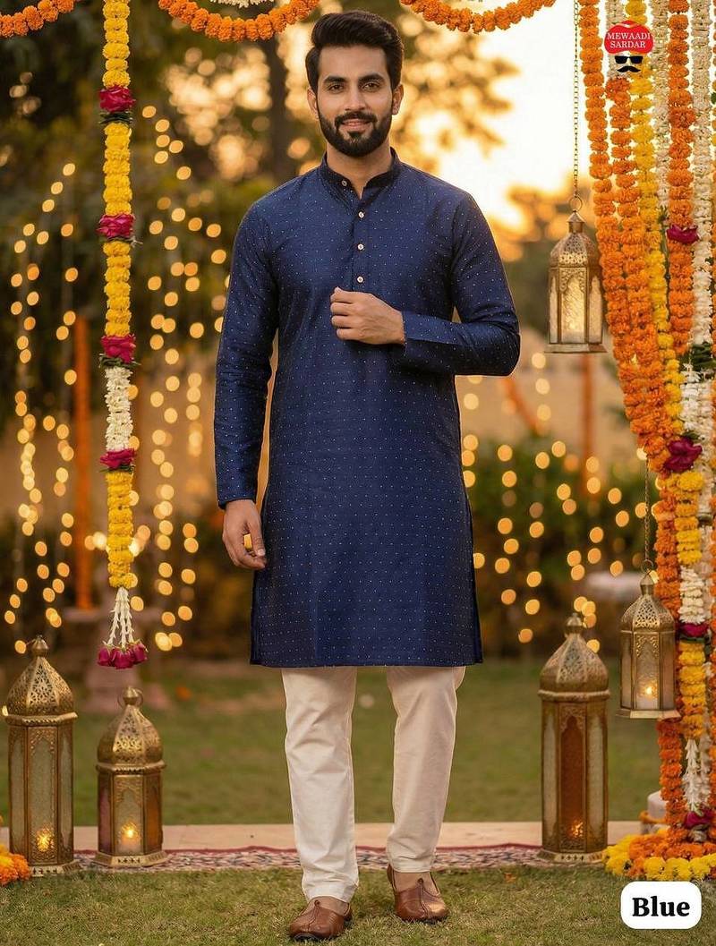 Blue silk jecquard party wear kurta and payjama