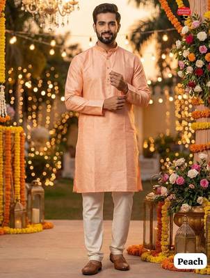Peach silk jecquard party wear kurta and payjama 1