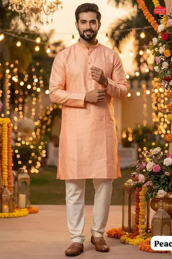 Peach silk jecquard party wear kurta and payjama