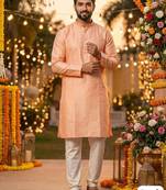 Peach silk jecquard party wear kurta and payjama
