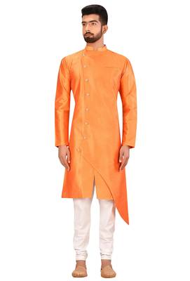 Orange  art silk mens  kurta with churidar set 3
