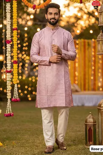 Lavender silk jecquard party wear kurta and payjama