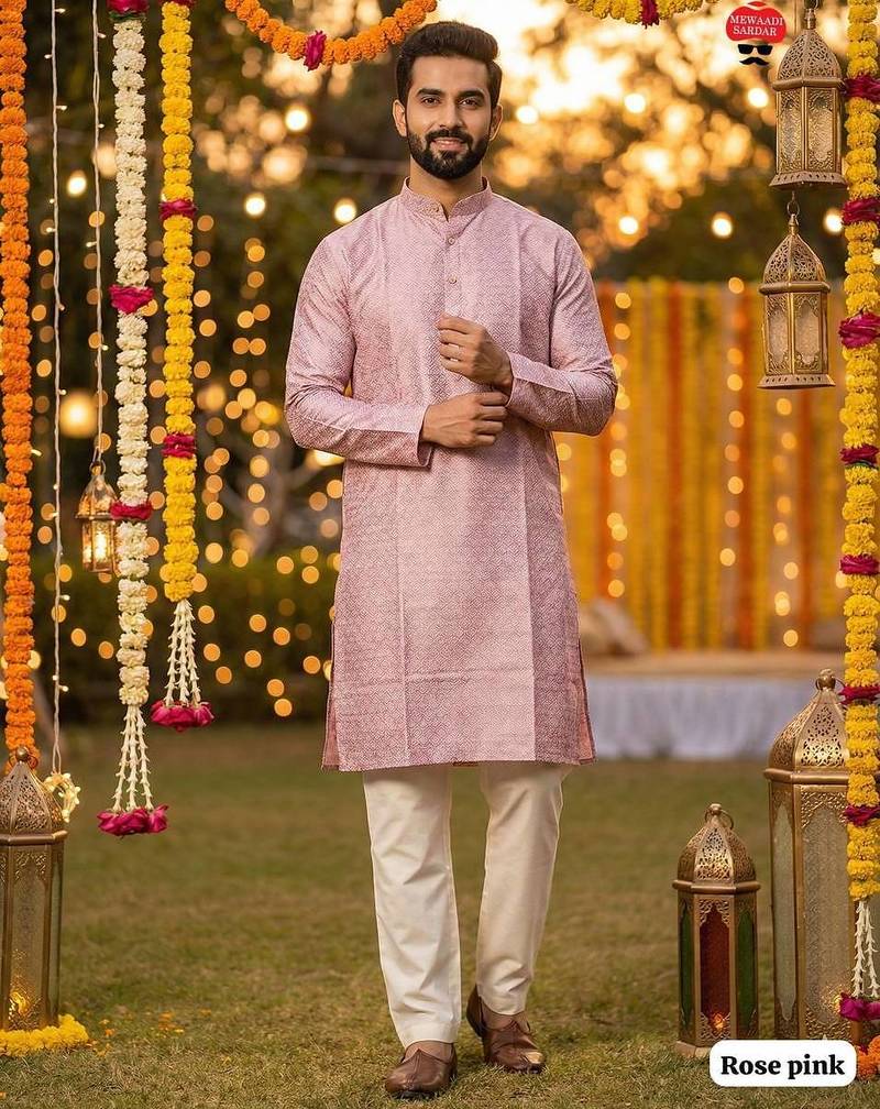Lavender silk jecquard party wear kurta and payjama