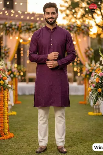 Wine silk jecquard party wear kurta and payjama