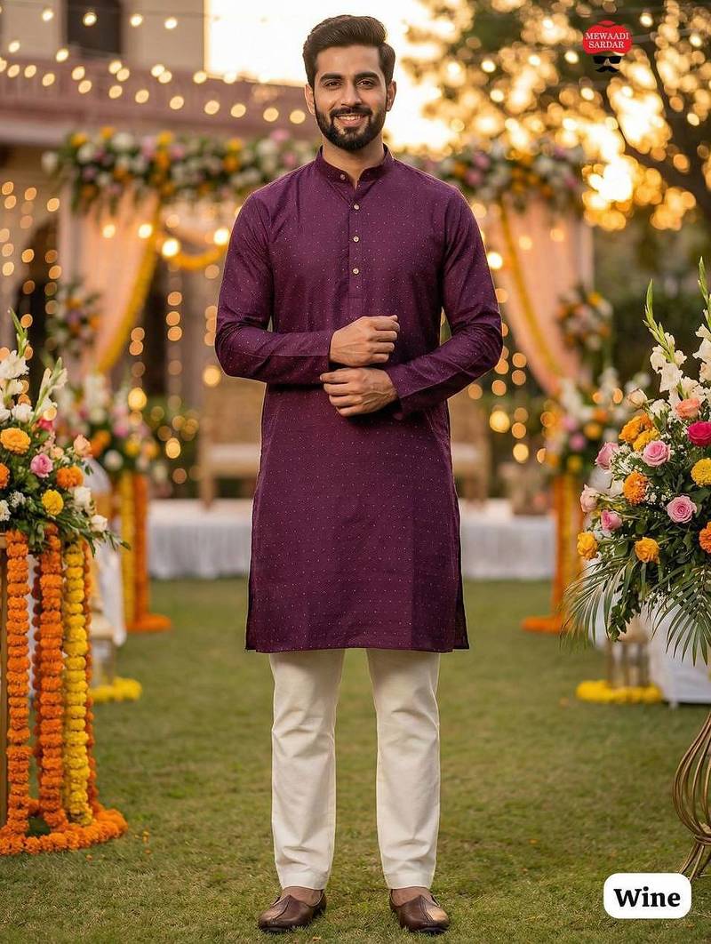 Wine silk jecquard party wear kurta and payjama