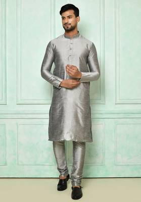 Grey art silk mens  kurta with churidar set 1