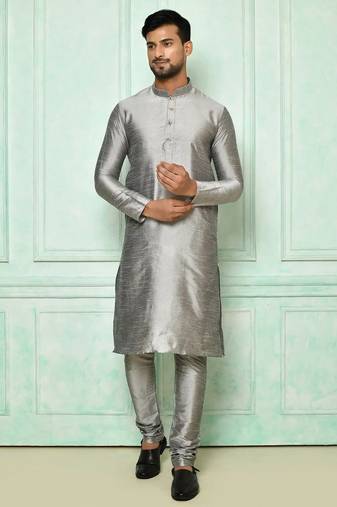 Grey art silk mens  kurta with churidar set