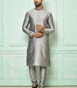 Grey art silk mens  kurta with churidar set