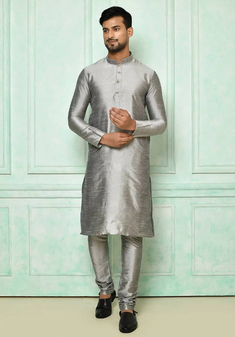 Grey art silk mens  kurta with churidar set