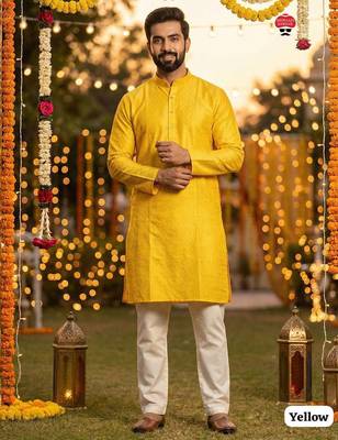 Yellow silk jecquard party wear kurta and payjama 1