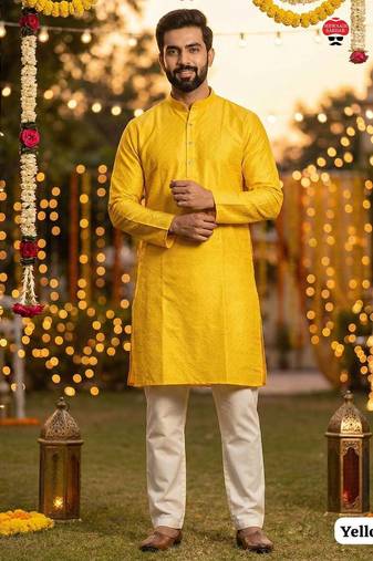 Yellow silk jecquard party wear kurta and payjama